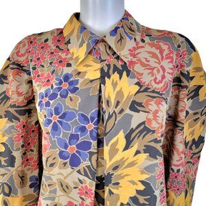 Vintage 80s Floral Blouse Shirt Women 10 Large Brown Blue Collar Top Formal Fall